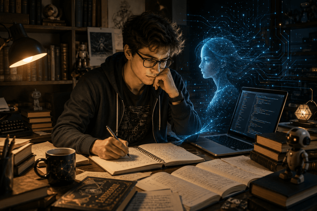 Asistentes Sintéticos: Representación imaginativa de un profesional de IA construyendo, mediante la escritura, la historia de vida de un Asistente Sintético.